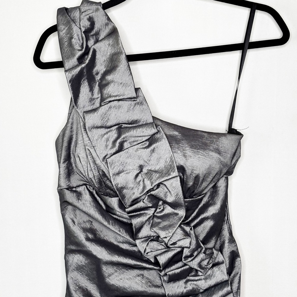 Betsy & Adam One Shoulder Ruffle Ruched Metallic Cocktail Dress Size 10 - Picture 4 of 8